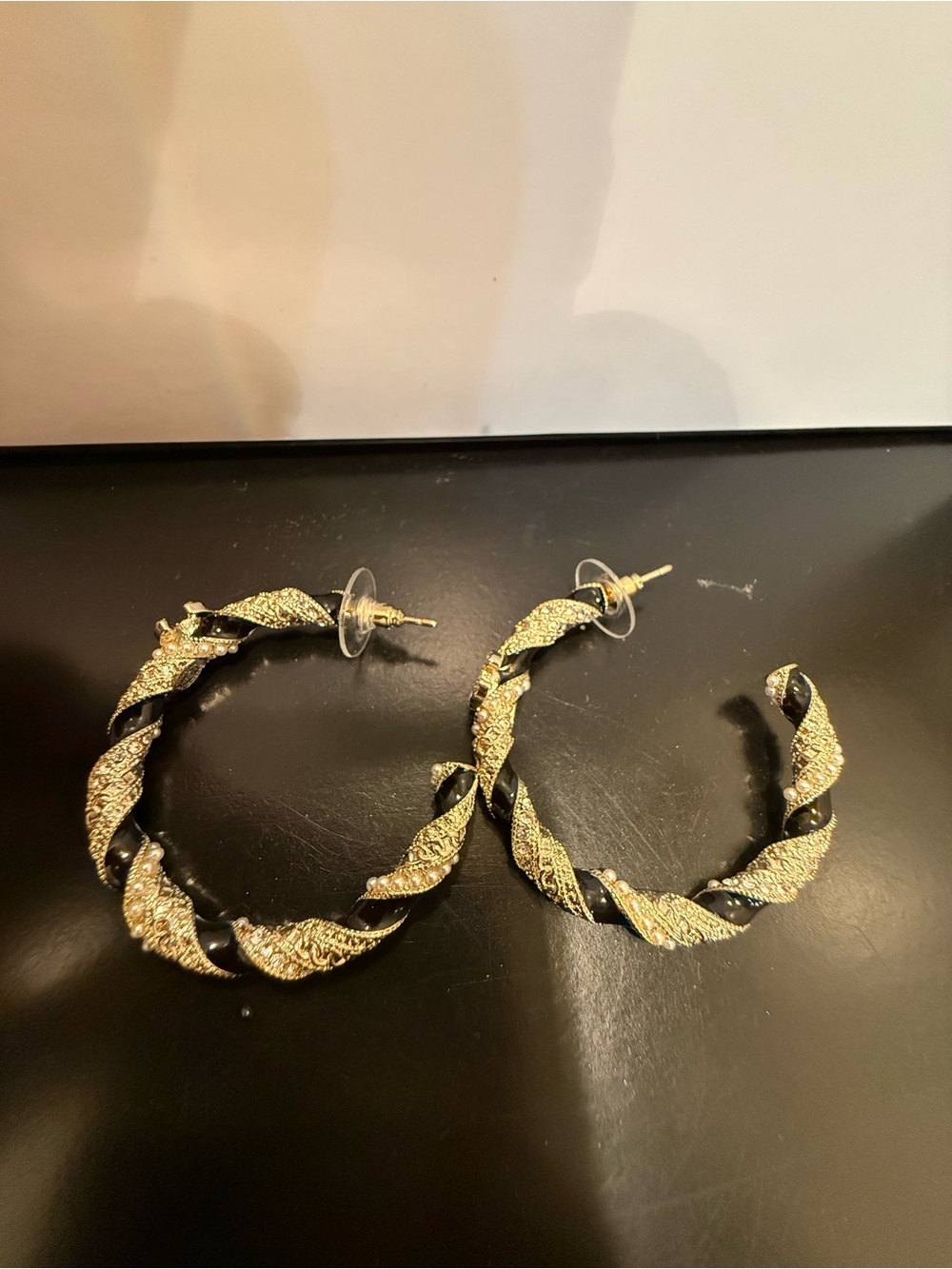Gold and Black Twisted Hoop Earrings - Women Jewelry